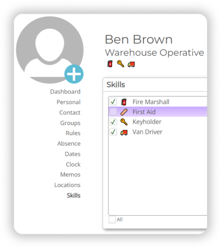 A screenshot of the employee skills functionality from the Focus Time and Attendance Software