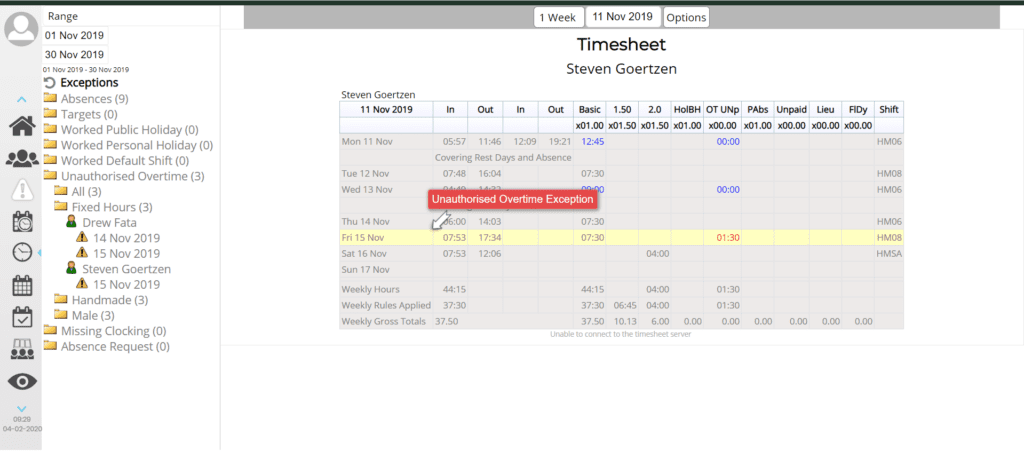 A screenshot of Bonues and Overtime Tracking functionality from the Focus Time and Attendance Software