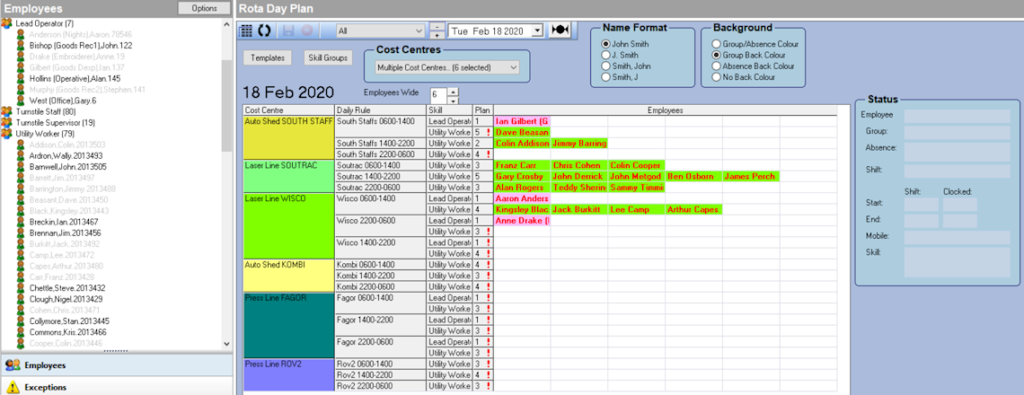 A screenshot of the rostering functions from the Focus Enterprise time and attendance software