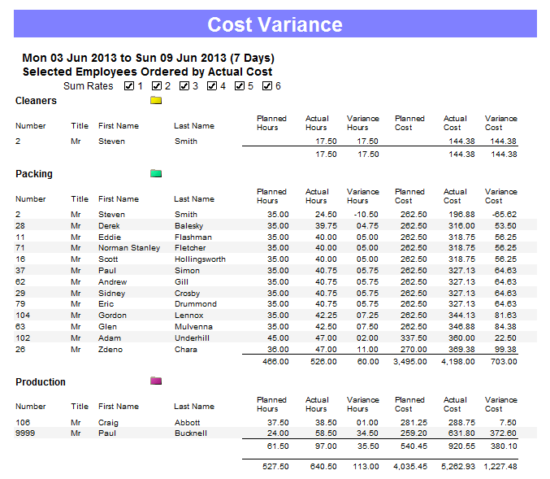 A screenshot of a cost variance report from the Focus Enterprise time and attendance software