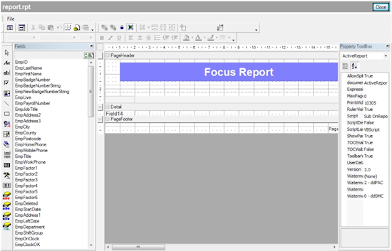 A screenshot the report designer tool from the Focus Enterprise time and attendance system