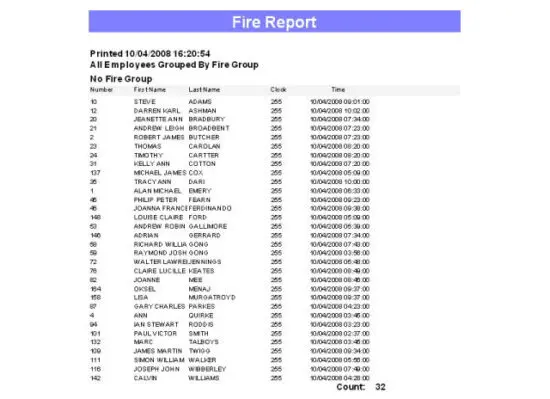 A fire alarm report from the Focus time and attendance system