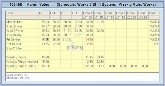 A screenshot of an employee timesheet from the Focus Lite time and attendance system