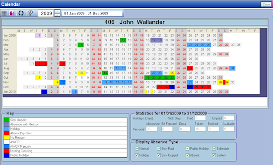 A screenshot of the calendar funtion from the Focus Pro time and attendance system