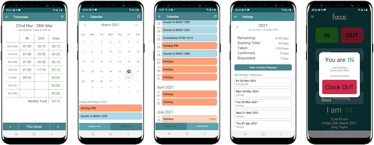 Five mobile phone showing different screen and functionality from the employee self service app on the Focus.net time and attendance software