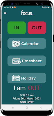 A mobile phone showing the employee self service app from the Focus.net time and attendance software