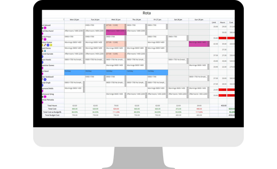 A screenshot of the Focus.net time and attendance system showing an example of a rota