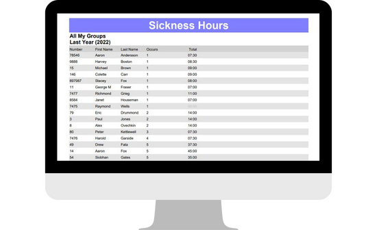 A screenshot of the Focus.net time and attendance system showing an example of a reporting capabilities