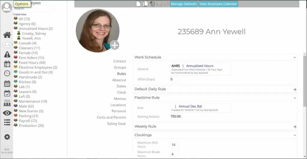 A screenshot of an employee profile from the Focus Time and Attendance Software