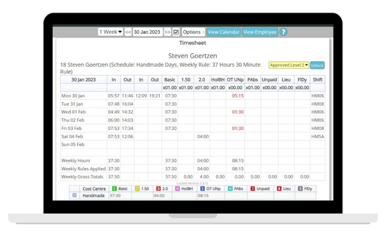 A screenshot of the Focus.net time and attendance system showing an example of an employee timesheet